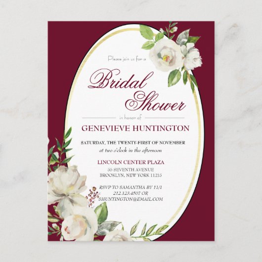 ブルグンディエレガントフローラ金ゴールドブライダルシャワー ポストカード (正面)