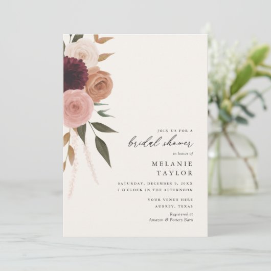 ブルグンディエレガントプラムフローラブライダルシャワー 招待状 (スタンド正面)