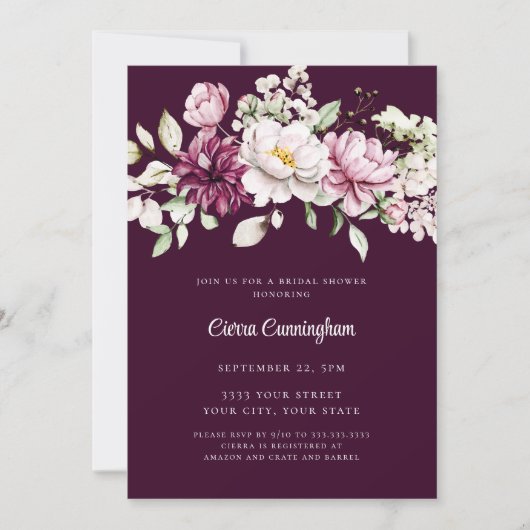 ブルグンディエレガントプラムフローラブライダル 招待状 (正面)