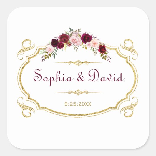 ブルグンディエレガントマルサラフローラ秋の結婚式 スクエアシール (正面)