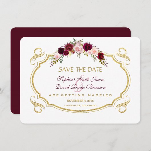 ブルグンディエレガントマルサラフローラ秋日付を保存 セーブザデート (正面/裏面)