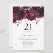 ブルグンディエレガントマルーンバラ21歳の誕生日パーティー 招待状 (正面)