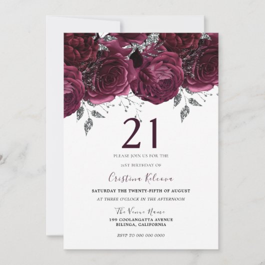 ブルグンディエレガントマルーンバラ21歳の誕生日パーティー 招待状 (正面)