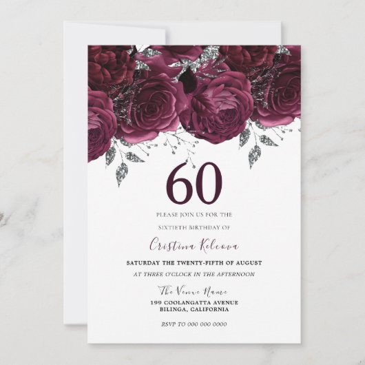 ブルグンディエレガントマルーンバラ60th誕生日パーティー 招待状 (正面)
