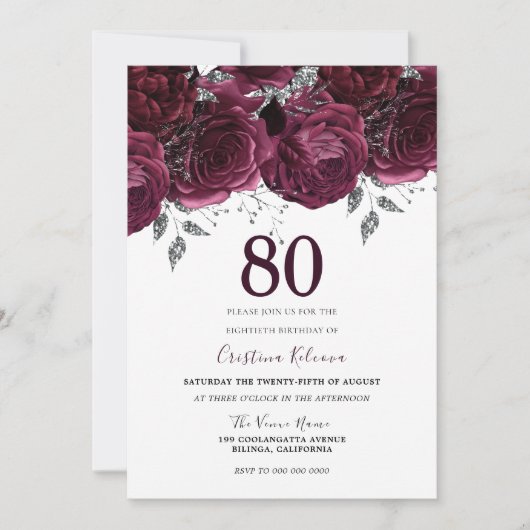 ブルグンディエレガントマルーンバラ80th誕生日パーティー 招待状 (正面)