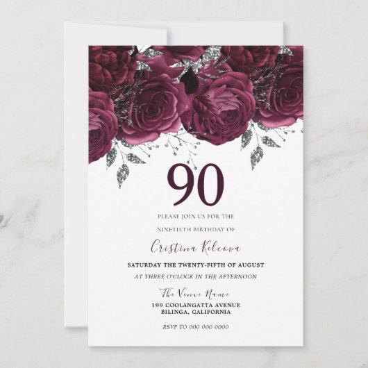 ブルグンディエレガントマルーンバラ90th誕生日パーティー 招待状 (正面)