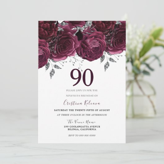 ブルグンディエレガントマルーンバラ90th誕生日パーティー 招待状 (スタンド正面)
