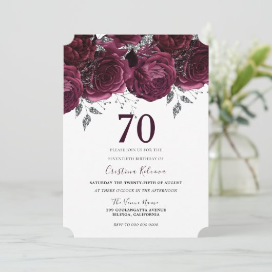 ブルグンディエレガントマルーンフローラ70th誕生日パーティー 招待状 (スタンド正面)