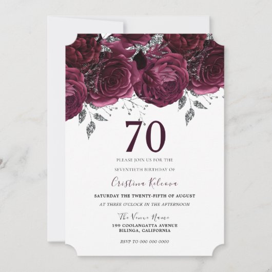 ブルグンディエレガントマルーンフローラ70th誕生日パーティー 招待状 (正面)