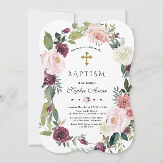 ブルグンディエレガント赤面アイボリーフローラリースバプテスマ 招待状 (正面)