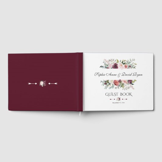 ブルグンディエレガント赤面アイボリーフローラリース結婚ズ ゲストブック (全面)