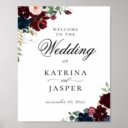 ブルグンディエレガント赤面ネイビーフローラ結婚ズ・ウェルカム ポスター (正面)