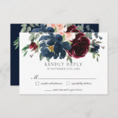 ブルグンディエレガント赤面ネイビーブルーフローラズ結婚 出欠カード (正面/裏面)