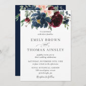 ブルグンディエレガント赤面ネイビーブルーフローラズ結婚 招待状 (正面/裏面)