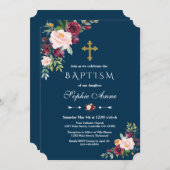 ブルグンディエレガント赤面フローラネイビーガールバプテスマ 招待状 (正面/裏面)