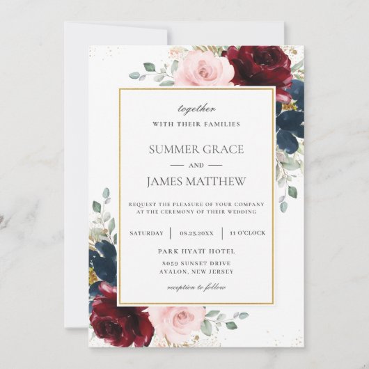 ブルグンディエレガント赤面ブルーバラフローラ結婚ズ 招待状 (正面)