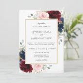 ブルグンディエレガント赤面ブルーバラフローラ結婚ズ 招待状 (スタンド正面)
