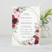 ブルグンディエレガント赤面プオニーフローラ金ゴールド結婚ズ 招待状 (スタンド正面)