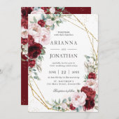 ブルグンディエレガント赤面プオニーフローラ金ゴールド結婚ズ 招待状 (正面/裏面)