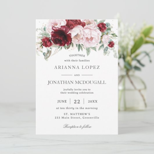 ブルグンディエレガント赤面プオーニーバラ結婚フローラ 招待状 (スタンド正面)