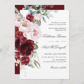 ブルグンディエレガント赤面プオーニーフローラ結婚ズ 招待状 (正面/裏面)