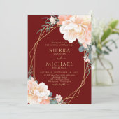 ブルグンディエレガント赤面金ゴールドピーチフローラズ結婚ス 招待状 (スタンド正面)