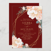 ブルグンディエレガント赤面金ゴールドピーチフローラズ結婚ス 招待状 (正面/裏面)