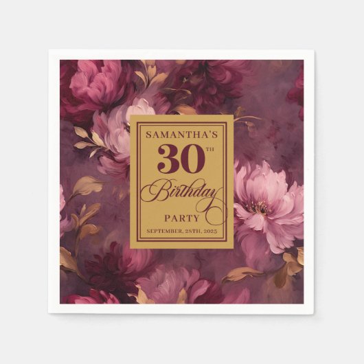 ブルグンディエレガント赤面金ゴールドボホ30歳の誕生日 スタンダードカクテルナプキン (正面)