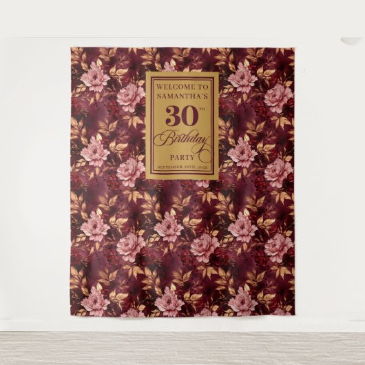 ブルグンディエレガント赤面金ゴールドボホ30歳の誕生日 タペストリー (正面)