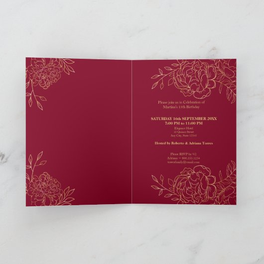 ブルグンディエレガント金ゴールドファインアートフローラキンセアニェラ 招待状 (内部)