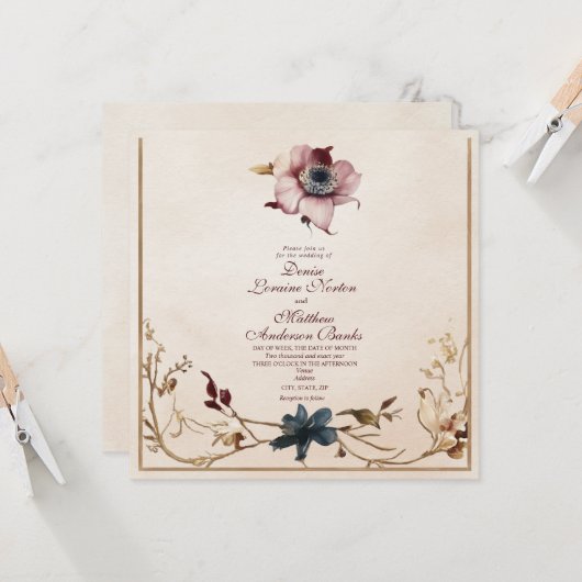 ブルグンディエレガント金ゴールドフローラ結婚式招待状 招待状 (正面/裏面インサイチュ)