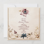 ブルグンディエレガント金ゴールドフローラ結婚式招待状 招待状 (正面)