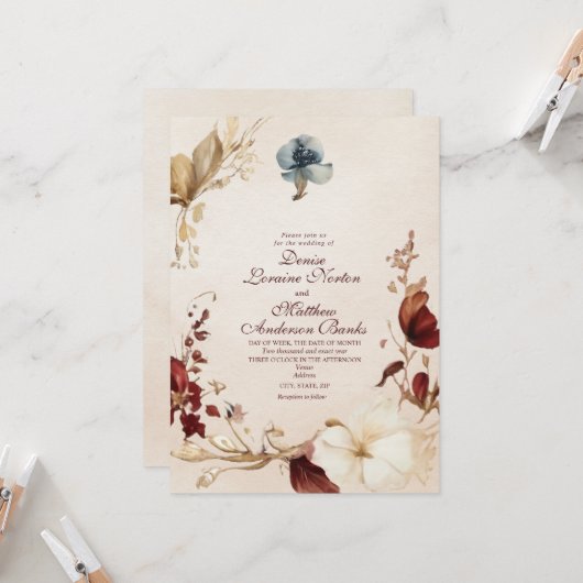 ブルグンディエレガント金ゴールドフローラ結婚式招待状 招待状 (正面/裏面インサイチュ)