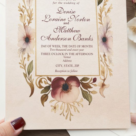 ブルグンディエレガント金ゴールドフローラ結婚式招待状 招待状