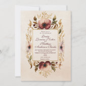 ブルグンディエレガント金ゴールドフローラ結婚式招待状 招待状 (正面)