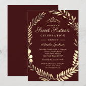 ブルグンディエレガント金ゴールドリースSweet sixteen 招待状 (正面/裏面)