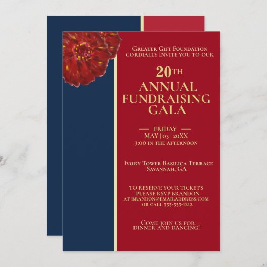 ブルグンディエレガント&ブルー王室のチャリティーイベントガラ 招待状 (正面/裏面)