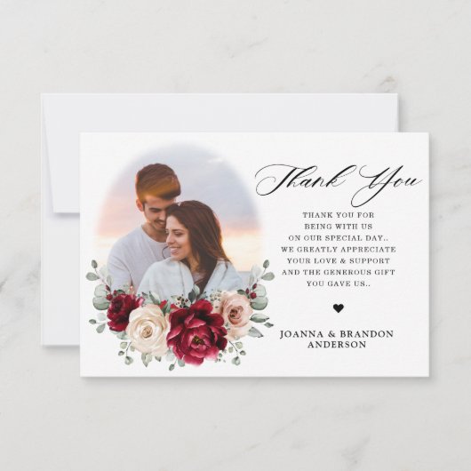 ブルグンディシャンパンアイボリーモーヴバラ結婚フローラズ サンキューカード (正面)