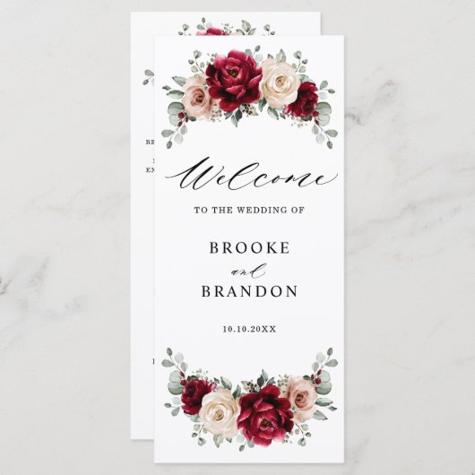 ブルグンディシャンパンアイボリーモーヴバラ結婚フローラズ プログラム (正面/裏面)