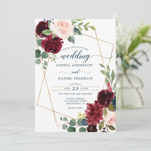 ブルグンディネービーフローラ結婚式招待状 招待状 (スタンド正面)