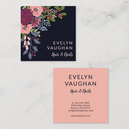 ブルグンディハイドランゲア&ピンクローズ スクエア名刺 (正面/裏面)