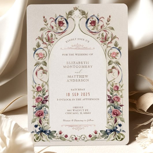 ブルグンディビクトリアンネイビーブルー結婚式招待状 招待状