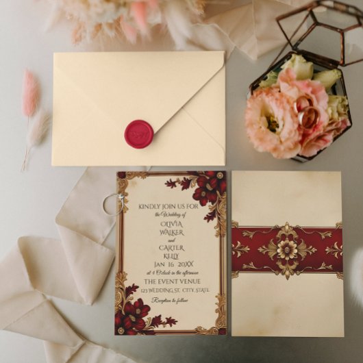 ブルグンディビクトリアン深いレッドフローラ 招待状