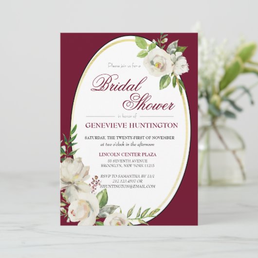 ブルグンディフォーマルレッドフローラ金ゴールドブライダルシャワー 招待状 (スタンド正面)