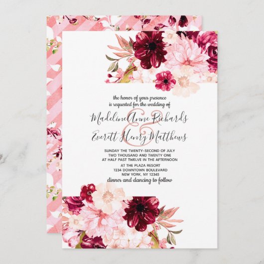 ブルグンディモダンと赤面フローラ結婚式招待状 招待状 (正面/裏面)