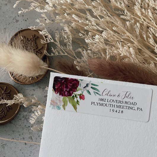 ブルグンディモダンネイビーフローラ差出人住所ラベル ラベル