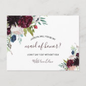 ブルグンディモダンネイビー赤面フローラメイド・オブ・オーナー(花嫁付き添い人) インビテーションポストカード (正面)