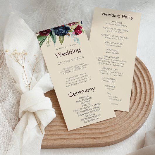 ブルグンディモダンネイビー赤面フローラ結婚式 プログラム