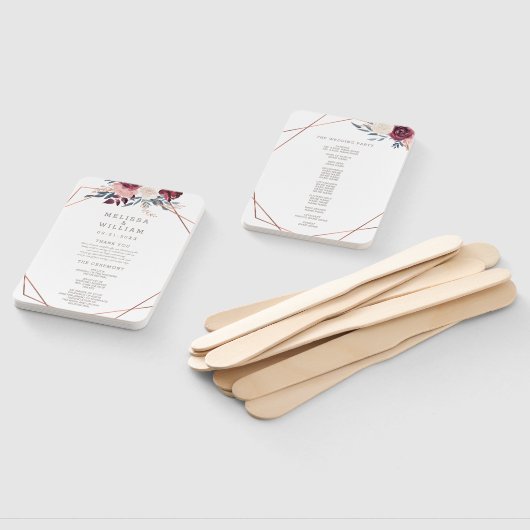 ブルグンディモダンフローラアイボリー結婚式 プログラム ハンドファン (組立なし)