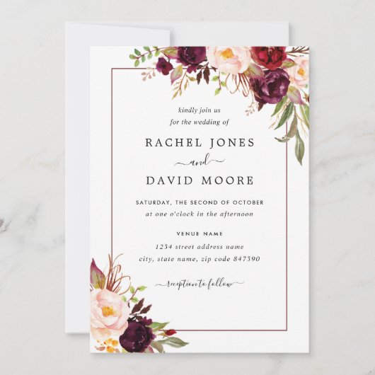 ブルグンディモダンフローラ結婚式招待状 招待状 (正面)